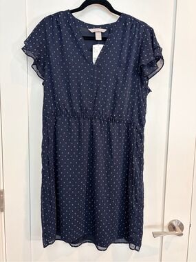 Navy Swiss Dot Flutter Sleeve Dress – Size 12 NWT